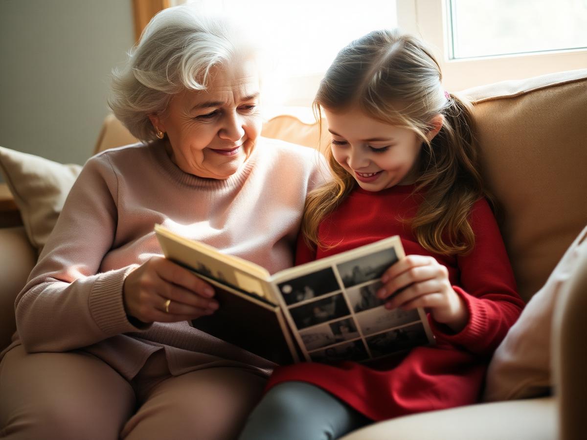 A grandmother and her granddaughter looking through an old photo album together