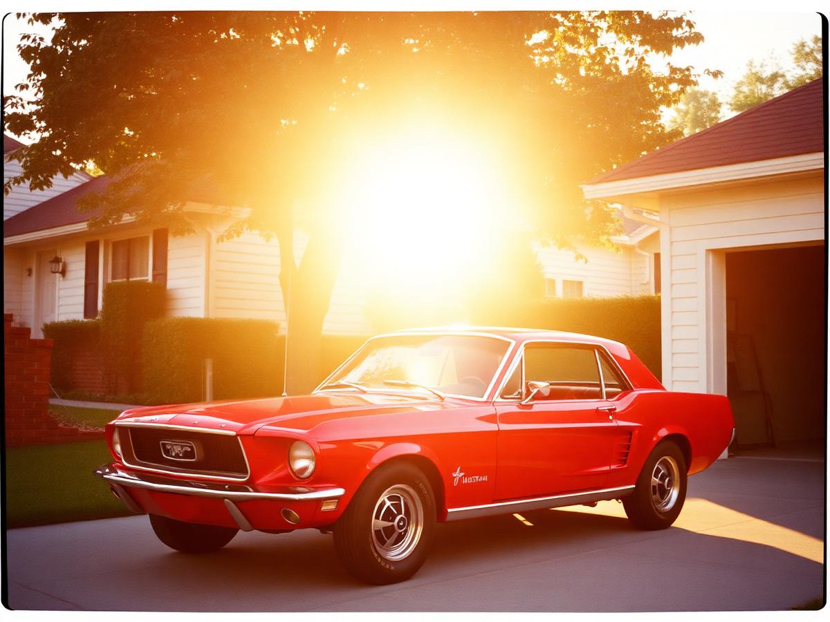 A red 1960s Mustang parked in a sunlit driveway