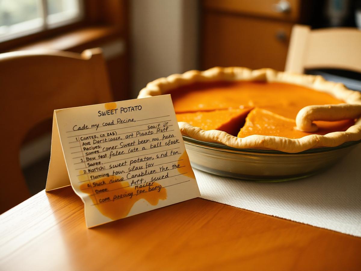A handwritten sweet potato pie recipe card leaning against a fresh pie