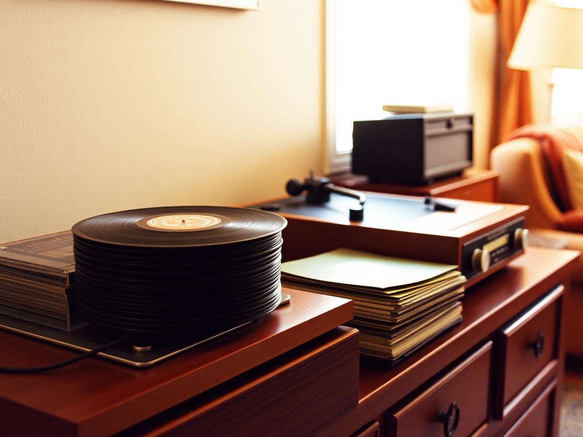 A wooden record player beside a stack of well-played vinyl records
