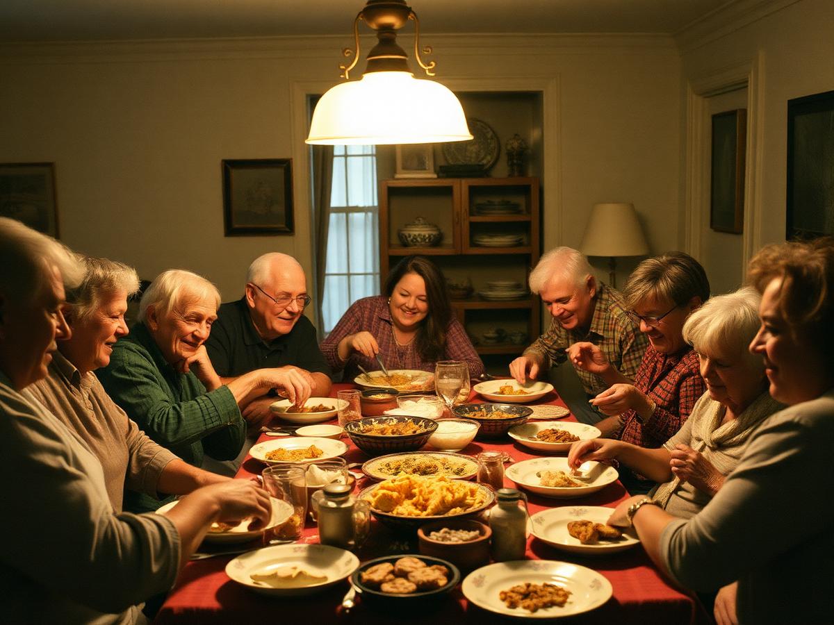 A large family gathered around a crowded dinner table under a warm lamp